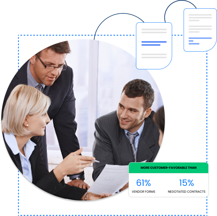 Team of business professionals reviewing a document with a comparison chart showing customer-favorable terms.