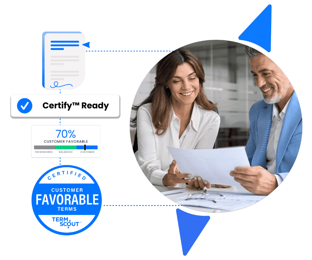 Two business professionals smiling while reviewing a certified contract document labeled TermScout Certify™ Ready, featuring a 70% Customer-Favorable score and the TermScout Certified Customer Favorable Terms badge — symbolizing independent contract certification, fairness, and trust in business agreements.