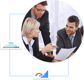 Two business professionals smiling while reviewing a certified contract with the TermScout Certified Customer-Favorable Terms badge