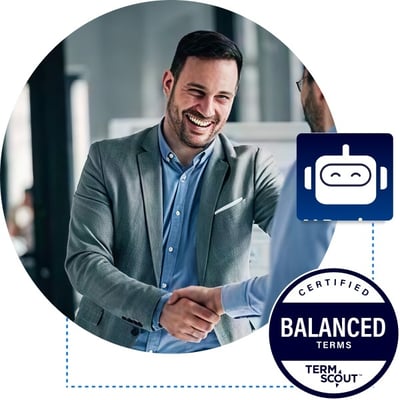Smiling professional shaking hands with a colleague, overlaid with a friendly AI icon and Certified Balanced Terms badge.